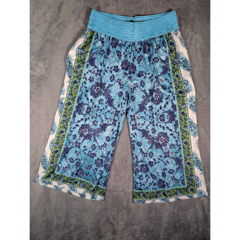 One World Blue Floral Paisley Smocked Waist Wide Leg Palazzo Pants Womens Medium
